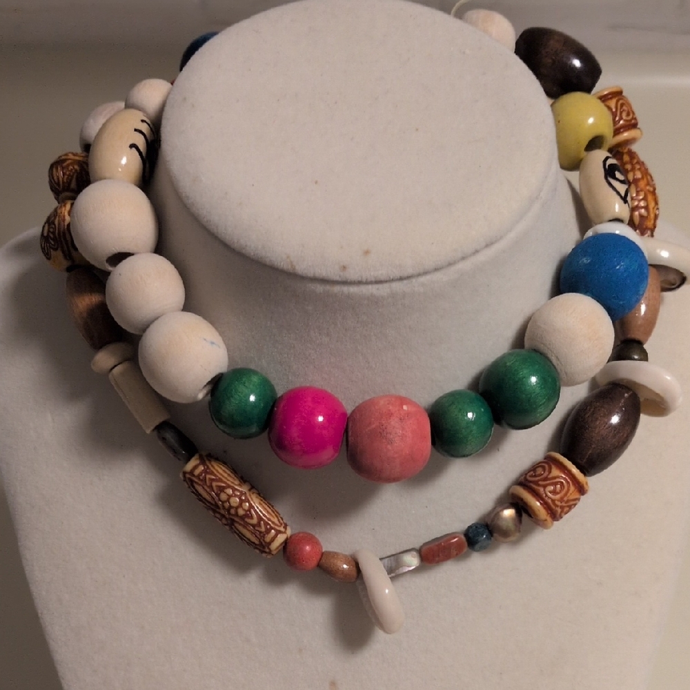 Handmade Boho‎ Beaded Necklace – Mixed Wood, Tribal Pattern, Colorful Beads